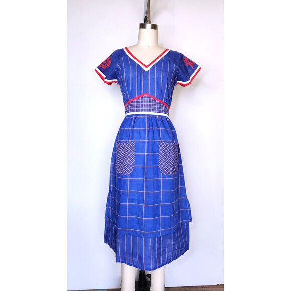 Embroidered Apron Dress with Pockets Colorful Cotton Dress 70s does 30s 40s XS - Picture 7 of 10
